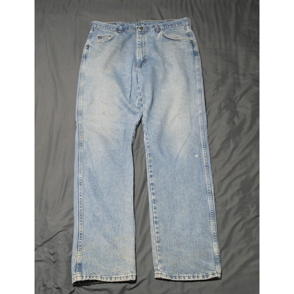 Wrangler Style & Comfort Wear Jeans 34x33 Work Pants Blue Denim - Paint Splatter